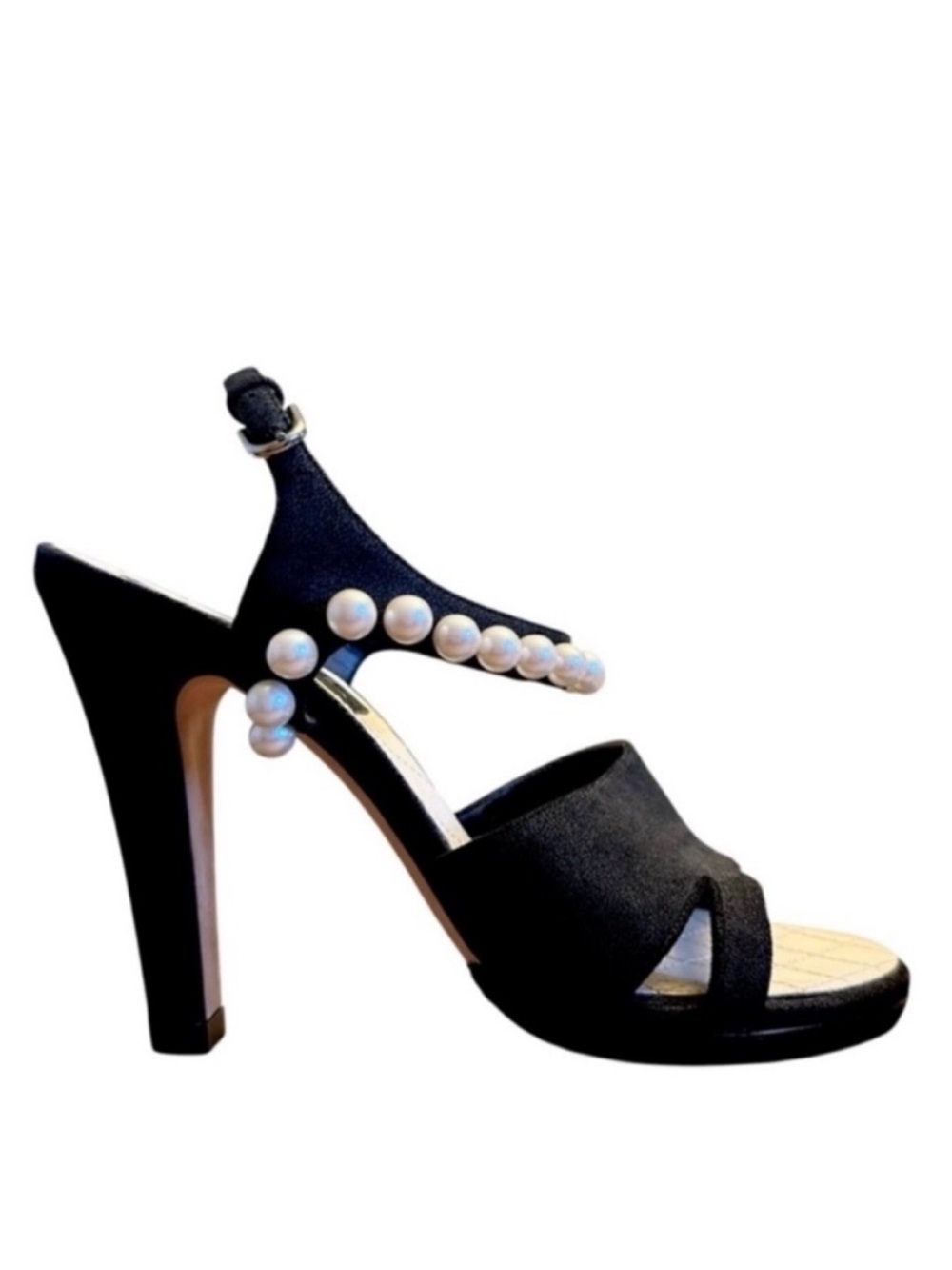 CHANEL Black Suede Faux Pearl Slingback Heeled CC 2014 Runway Sandals 37.5 - Picture 2 of 10
